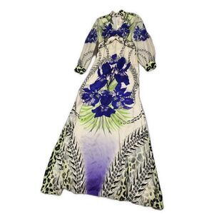 Balizza New Silk Designer Blue White Black Floral Beaded Long Sleeve Maxi Dress